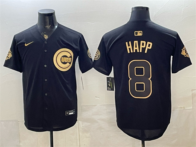 Men's Chicago Cubs #8 lan Happ Black/Gold 150th Anniversary Patch Stitched Baseball Jersey